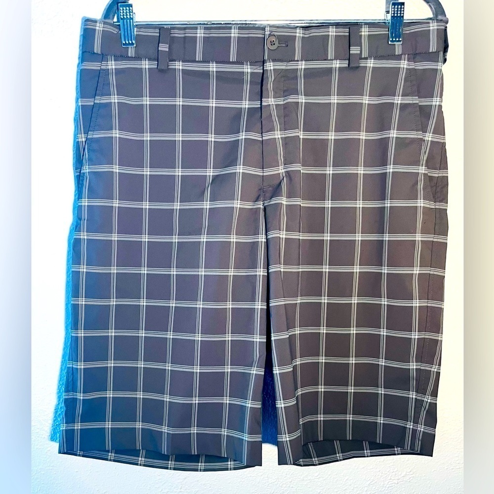 Nike Golf Shorts Mens 34 Performance Stretch Windowpane Check Brown Swoosh Logo